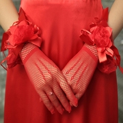新娘旗袍婚纱礼服手套红色，短款蕾丝带指手套，结婚半透指新娘手套