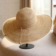 超细手工编织拉菲草帽子夏季帽子女 遮阳帽包边大檐遮阳防晒草帽