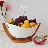 跃隆创意陶瓷水果篮家用客厅零食果盘简约水波纹水果果盘竹木底座