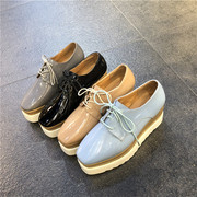 韩国东大门女鞋21秋季欧美纯色漆皮松糕系带坡跟木纹高跟单鞋