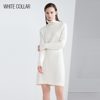 白领白色纯羊绒高堆领绞花中长款长袖连衣裙CC17-301