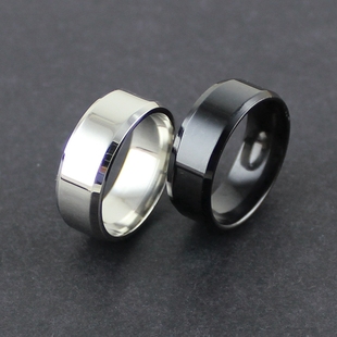 韩版潮流男士单身宽面戒指可刻字 个性倒角斜边钛钢指环