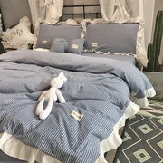 纯棉四件套全棉水洗棉，简约条纹公主风，荷叶边被套床单1.8m床上用品