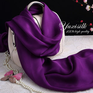 深紫色纯色100%桑蚕丝长款真丝丝巾披肩女纱巾春秋冬夏季丝绸围巾
