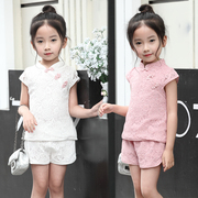 女童旗袍套装夏款童装纯棉，短袖唐装宝宝，蕾丝复古中国风短裤两件套