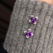 天然紫水晶耳钉女 925纯银镶天然紫色方形宝石四叶花时尚百搭耳饰