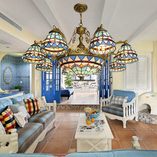 地中海客厅吊灯蓝白彩色，玻璃吊灯客厅，卧室餐厅蒂凡灯具尼灯饰