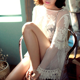 韩国蕾丝钩花蝙蝠袖长袖，性感沙滩衣，比基尼罩衫防晒衣沙滩裙长裙