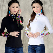 中国风春装民族风女装上衣，绣花长袖棉，t恤女修身大码加绒打底衫