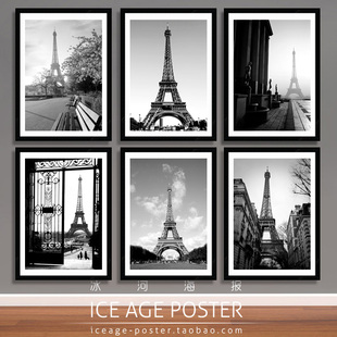 艾埃菲尔铁塔黑白摄影法国巴黎风景西餐咖啡厅，酒吧装饰画墙壁挂画