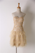 洛森d075米黄色短款蕾丝伴娘，抹胸公主晚礼服宴会裙，外贸原单姐妹裙