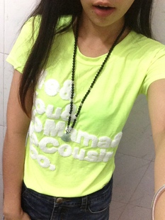 夏装韩版荧光色立体字母修身中长款t恤女短袖圆领