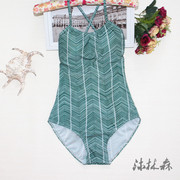 日系绿色复古平胸露背性感三角连体绑带游泳衣少女学生遮肚温泉装