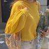 发韩国显肤白芥末(白芥末)黄色亚麻针织，长袖t恤女tq396