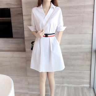 2023春夏女装韩版白色，v领衬衫裙子职业气质，收腰显瘦a字连衣裙