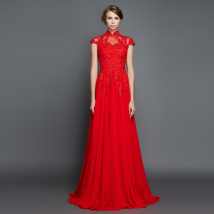 红色蕾丝半露背，旗袍领晚装，礼服敬酒服
