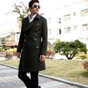 韩国男装2023冬款时尚军，绿色绅士修身双排扣大衣外套上衣