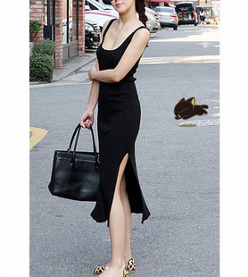 韩版女装连衣裙莫代尔性感开叉中长裙吊带背心裙修身包臀显瘦
