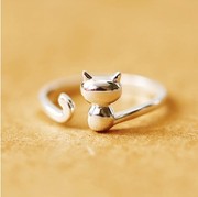 s925纯银可爱猫咪开口戒指，食指戒时尚，百搭纯银指环配饰女防过敏