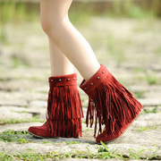 冬季棉靴中筒靴铆钉流苏，民族风雪地靴低跟内增高红色圆头大码女靴