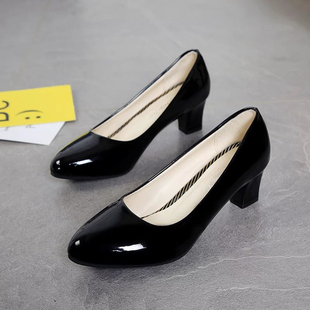 5cm工作鞋黑色职业单鞋，女士皮鞋女中跟正装，ol面试高跟浅口女鞋