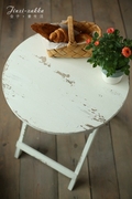 做旧圆桌折叠实木桌，复古餐桌饭桌，户外乡村旧木家具-白