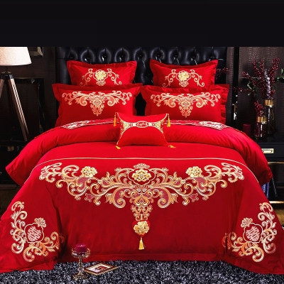 八件套床上用红色刺绣，枕套结婚双人床4件套，婚庆四件套十件套床品