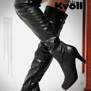 Kvoll黑色韩版时尚百搭防水台粗跟超高跟过膝长靴 女靴女鞋子