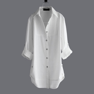 白色衬衫女中长纯棉，2023年春打底显瘦时尚款，洋气外穿长袖衬
