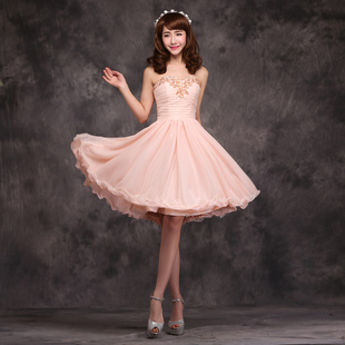 2014抹胸伴娘礼服伴娘，服韩版蓬蓬短款晚礼服连衣裙，粉色小礼服