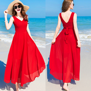大红色沙滩连衣裙女2023夏季韩版性感，v领露背海边度假雪纺超长裙