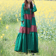 棉麻连衣裙春季女装复古碎花拼接波，西米亚长裙子民族风绿色大摆裙