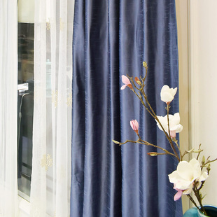 仿真丝窗帘卧室遮光窗帘，新中式窗帘地中海窗帘，绸缎真丝蓝色窗帘