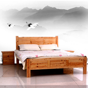武汉柏木床实木床1.0 1.2 1.5 1.8米原木床双人V板式床带床头柜