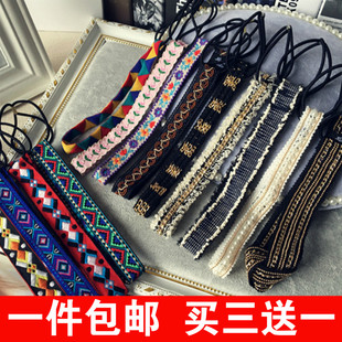 韩国复古进口头饰图腾刺绣民族，风发箍铆钉，链条欧美弹力细发带发绳