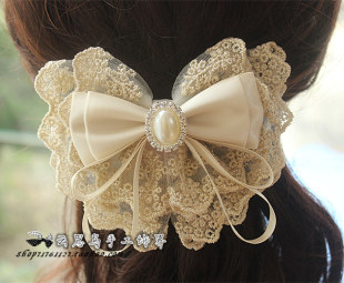韩国版大珍珠水钻蕾丝，蝴蝶结发卡发夹头饰，弹簧鱼嘴夹新娘发饰