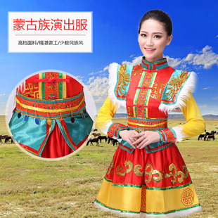 蒙古族服装少数民族女装，蒙古舞蹈演出服舞台，表演服红色蒙古服