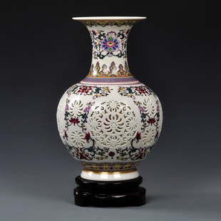 客厅双层青花粉彩镂空瓶，景德镇陶瓷花瓶瓷器古典工艺品中式摆件