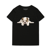 GESIMAO 设计师设计 斗牛犬3D狗圆领短袖宽松纯棉黑白原创T恤女装