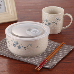 雅泰日式家用带盖便当盒饭盒，雪花瓷大号，保鲜碗泡面杯水杯套装送筷