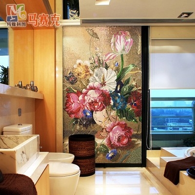 拼图瓷砖花瓶花卉，欧式客厅拼花水晶玻璃，定制马赛克玄关电视背景墙