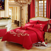 水星家纺全棉绣花婚庆十件套，双人大红色床单，中式结婚套件床品