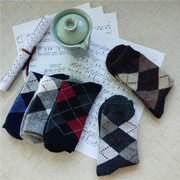 5双装韩版秋冬加厚兔羊毛袜男士菱形格中筒袜保暖时尚休闲商务袜