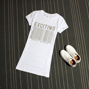 韩版中长款白色字母修身短袖打底衫银色亮片黑色半袖圆领棉T恤裙