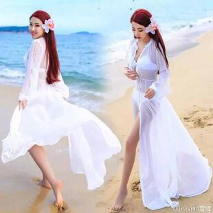 法式夏装波西米亚白色，超仙女神沙滩，度假开衫长裙拖地雪纺连衣裙