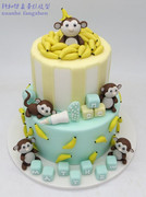 轩和蛋糕模型2层翻糖卡通猴子，香蕉字母生日蛋糕模型样品摆件