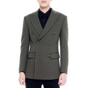 韩国男装韩版军绿色外套绅士气质双排扣潮流男士西装上衣修身