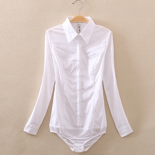 衬衫女长袖2024春季韩版纯棉修身工作服，连体白色衬衣连档上衣