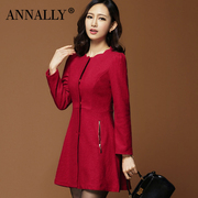 ANNALLY红色冬装优雅气质OL修身显瘦纯色毛呢中长款女式外套Z