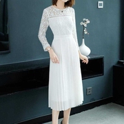 2020春季白色雪纺蕾丝拼接连衣裙，女中长款气质超仙百褶裙长裙